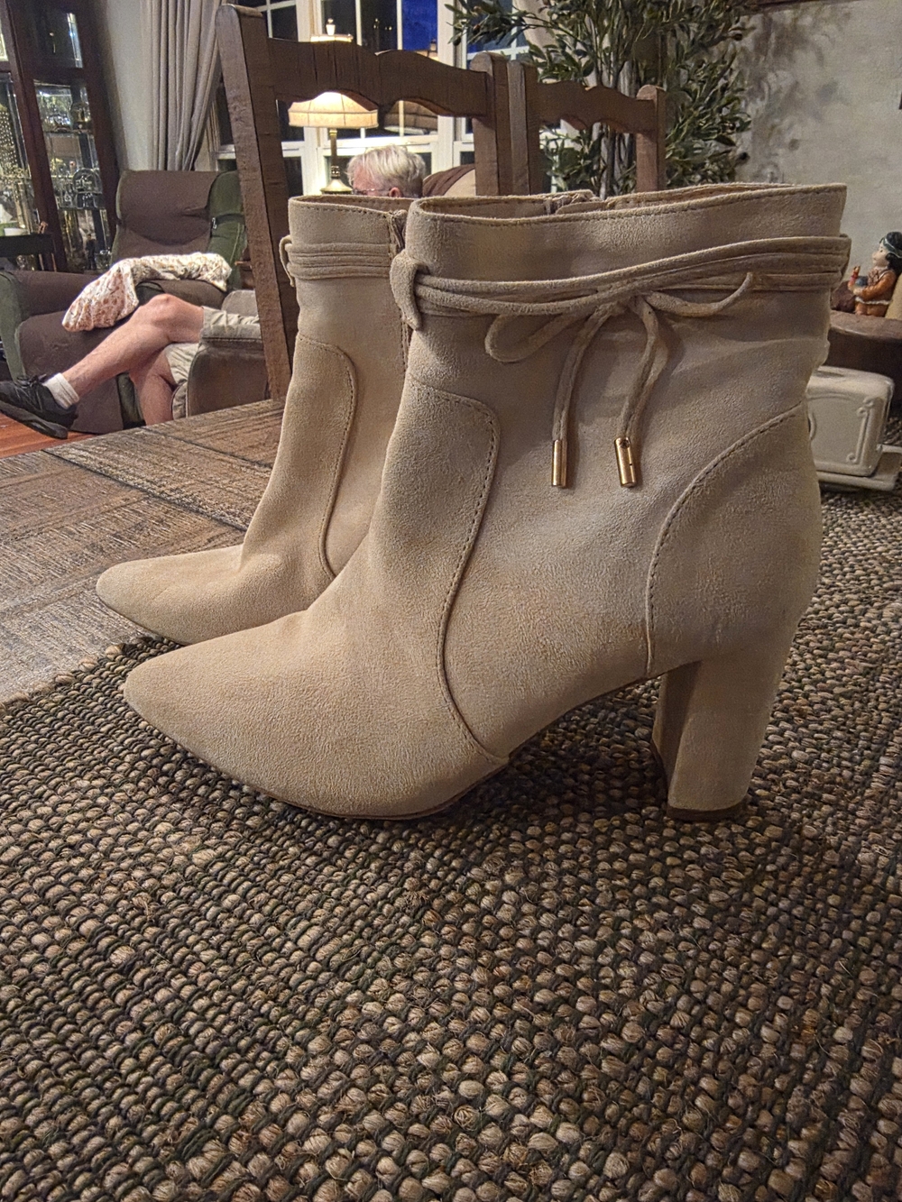 Pointed Toe Suede Ankle Boots with Tie Accent - Beige